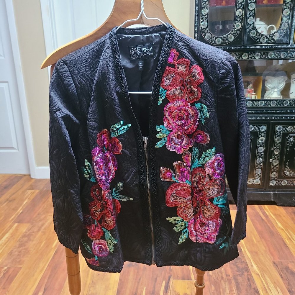 Sharif Couture, XS, Black with rose sequin embellishment Jacket NWOT